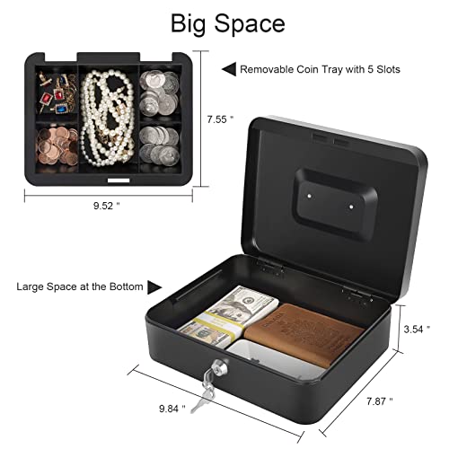 Cash Box with Lock and Money Tray Metal Money Box Large Cash Lock Box for Money 9.84\" x 7.87\" x 3.54\" Black - Thumbnail 4