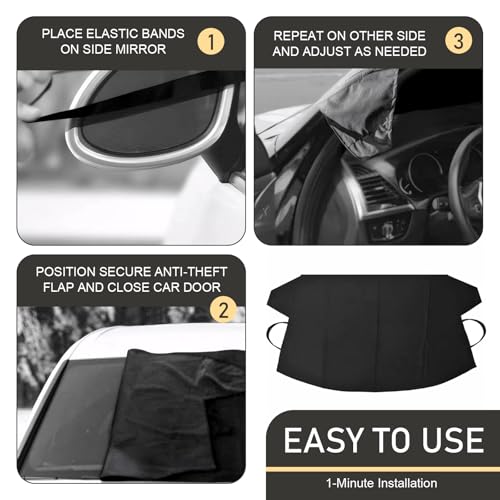 Image of Windshield Ice and Snow Cover, 600D Oxford Winter Waterproof Anti-Freeze Protective Cover, 75 inch x 42.2 inch Foldable Perfect Coverage Frost Cover, Universal for Cars Trucks (Black)