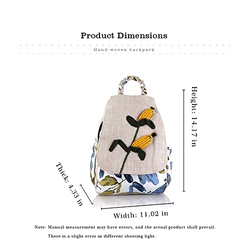 Image of Womens Boho Cotton Hemp Cloth Backpack Boho Vintage Embroidered Casual Purse Handbags Messenger Bag Green Leaf