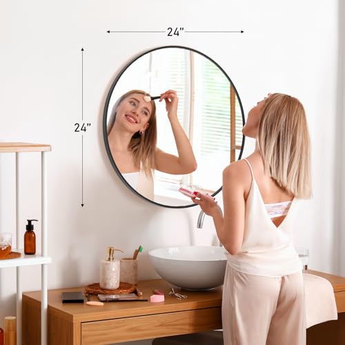 Image of DUMOS Black Circle Mirror for Wall 24.02 inch, Bathroom Round Mirror for Over Sink, Bathroom, Entryway, Bedroom, Vanity