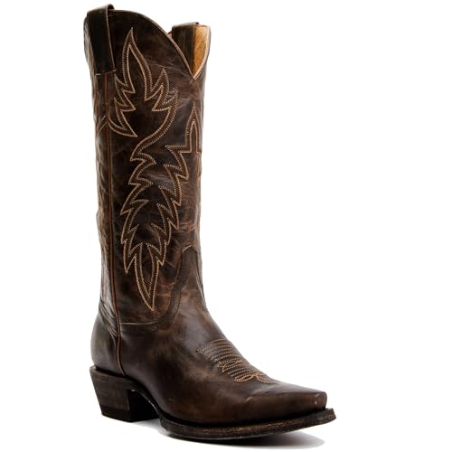 STALOV Cowboy Boots for Women Embroidered Chunky Heel Mid Calf Pointed Toe Pull On Western Fashion Cowgirl Boot Chocolate US8