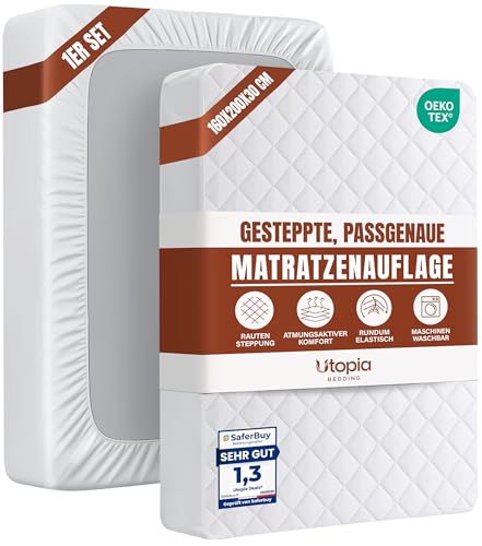 Utopia Bedding Gesteppte Matratzenauflage 160 x 200 cm - Weich Mikrofaser Matratzen Topper - Höhe bis 30 cm mit Spannumrandung - Matratzenschoner Unterbett auch für Boxspring-Betten(160 x 200 + 30 cm)