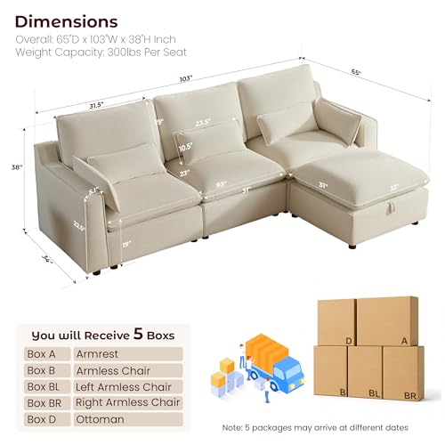 Image of WorthFurni Modern Modular Sectional Sofa,103 inch L Shape Minimalist Couch with Storage Ottoman,Comfty 4 Seat Sofa for Living Room,Beige Chenille