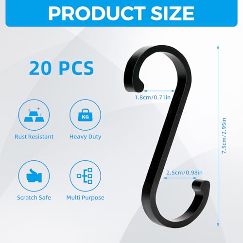 MIHURO S Haken 20 Stück Haken zum Einhängen Schwerlast Haken Schwarz Aluminium Küchenhaken Hochwertig Schwarze Haken Wasserdicht S Haken Schwarz für Küche, Schlafzimmer, Büro, Balkon