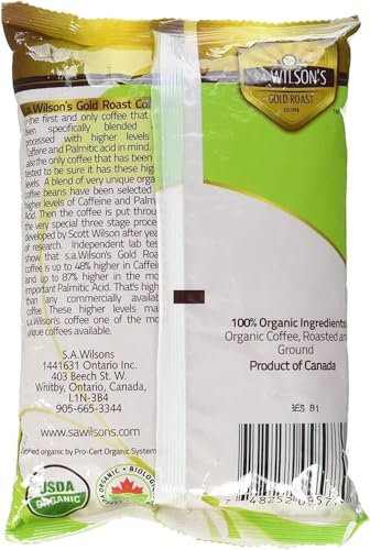 S.A. Wilson’s Organic Gold Roast Coffee – Premium Grind, 16 oz | Higher in Caffeine & Palmitic Acid | 100% Organic Coffee | Smooth, Balanced, Clean Energy | with kinara spoon 6-Pack