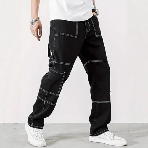 Black Jeans Cargo Pants for Men Fashion Button Down Wasit Straight Leg Denim Sweatpants with Pockets Work Trousers3