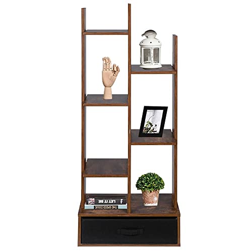 BAKAJI Libreria Scaffale 7 Ripiani in Legno MDF Effetto Anticato con Cassetto in Tessuto Design Moderno Industriale per Soggiorno Salotto Casa Ufficio Dimensione 140 x 25 x 50 cm