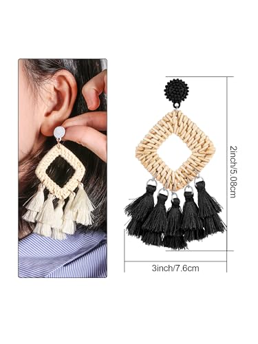 meekoo 2 Pairs Rattan Tassel Earrings for Women Bohemian Woven Earrings Summer Beach Jewelry Gifts(Black and White)2