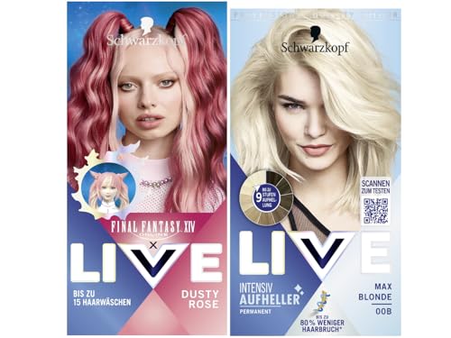 FINAL FANTASY™ XIV Online x LIVE Ultra Brights Semi-Permanente Haarfarbe 087 Dusty Rose (80 ml) & Schwarzkopf Live Aufheller Max Blonde 00B (142,5 ml), Blondierung, Anti-Gelbstich