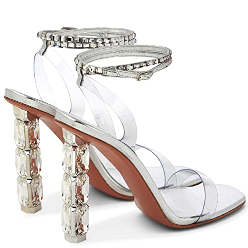 LauraVicci Women Heeled Sandals Ankle Straps Rhinestone Crystal Chunky Block Open Toe Slip on Wedding Slip on Wedding Party Evening Dress Shoes4