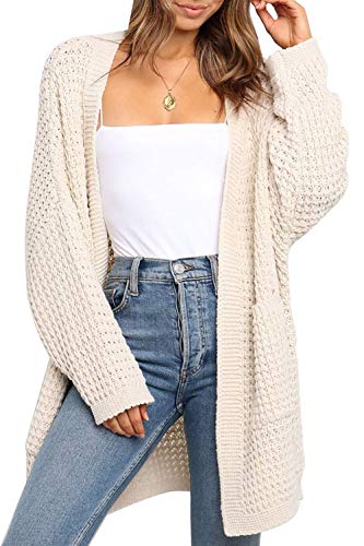 TARSE Womens Long Cardigans Waffle Oversized Open Front Knit Sweater with Pockets, Batwing Sleeve, Apricot, M