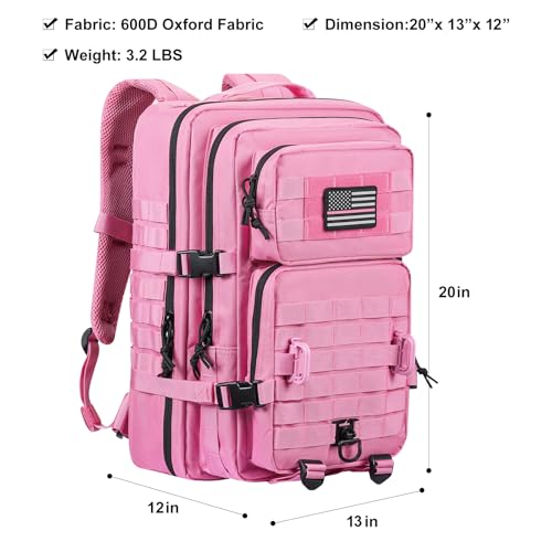 Image of Hannibal Tactical MOLLE Assault Backpack, Tactical Backpack Military Army Camping Rucksack, 3-Day Pack Trip w /USA Flag Patch, D-Rings, Pink