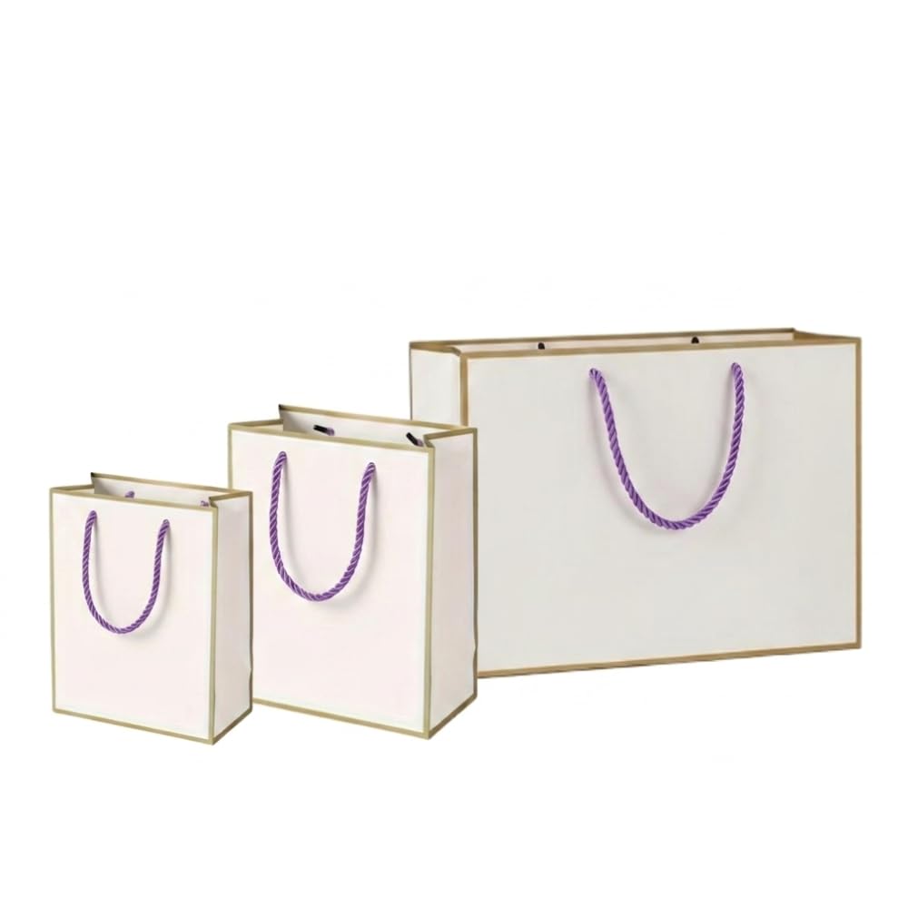 Luxury White Gift Bags with Gold Trim – Premium Reusable Paper Gift Bags with Ribbon & Rope Handles | Elegant Gift Packaging for All Occasions |Gold-Purple-Large-Pack of 5