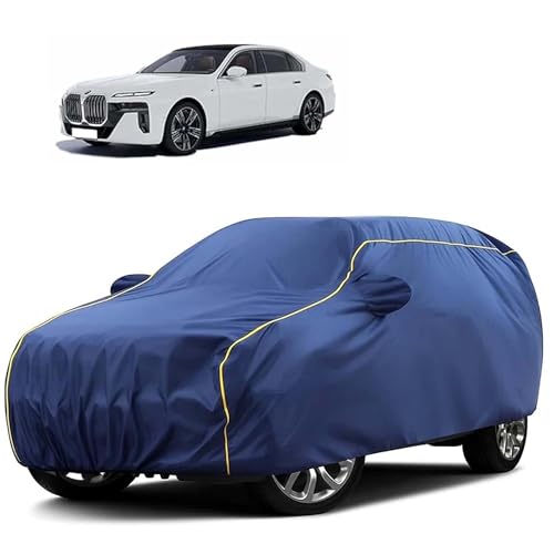 Image of Sulfar 100% Water Resistant Car Body Cover Compatible with Mirror for BMW i7(Electric) (Triple Stitched, Full Bottom Elastic, Blue Tafetta with Yellow Piping)