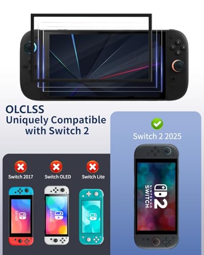 Image of Screen Protector for Switch 2 , OLCLSS Glass Screen Protector for Nintendo Switch 2 with Anti-Scratch Anti-Fingerprint Blue Light Filter , Tempered Glass Protector for Switch 2 2X Stronger with Dust Plugs and Thumb Grip Caps Set