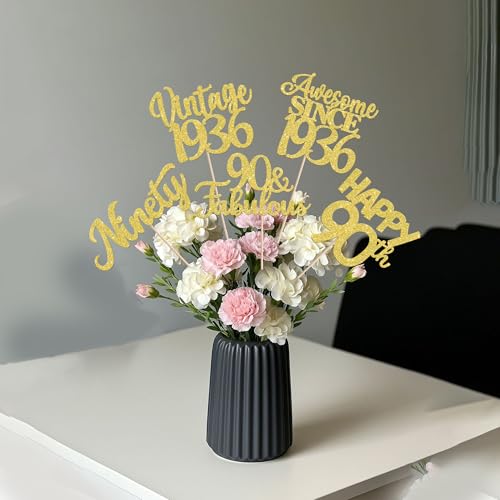 Image of 15 PCS 90th Birthday Centerpiece Sticks Double Sided Ninety Happy 90th Vintage 1936 Table Flower Centerpieces Sticks Cheers to 90 Fabulous Floral Decorations for 90th Birthday Party Supplies Gold