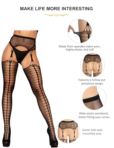 ohyeah Women Plus Size Fishnet Stockings XS-5XL Lace Suspender Pantyhose Garter Tights High Waist Thigh High Pantyhose2