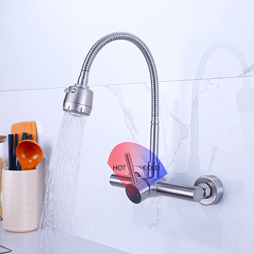 Zhyich Kitchen Sink Faucet Wall Mount 8" Inch Center With Sprayer, Stainless Steel Mixer Tap, Nickel Brushed Unility Sink Faucet, Nsf, Lead-Free #TOP4