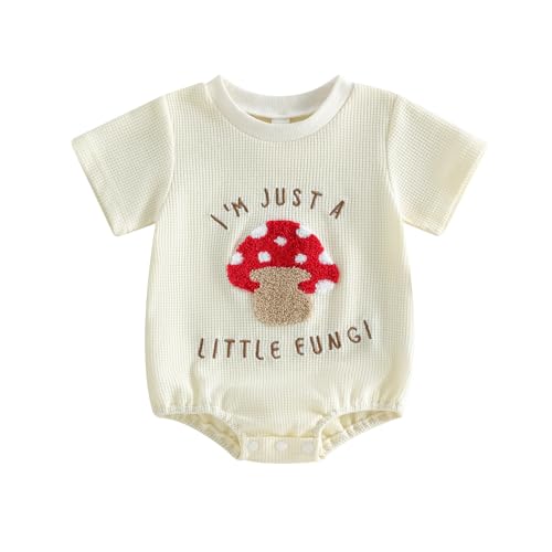 Licupiee Newborn Girl Boy Mushroom Romper Shirts Infant Baby Summer Clothes Letter Embroidery Short Sleeve Bodysuit Tops (Apricot Waffle Knit 0-3 Months)