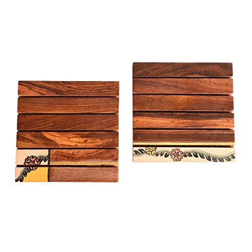 Image of AAKRITI ART CREATIONS Wooden Coaster Set Handcrafted with Floral Art Set of 2 | Natural Brown Wooden Coasters | Matte Finish Table Coasters | for Dining Table & Home
