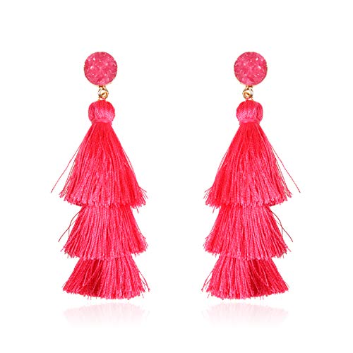 Bohemian Multi Tassel Statement Earrings - Lightweight Silky Tiered Layer Thread Fringe, Chandelier Duster Dangles Sparkly Jewel Faux Druzy Stone (Tiered Tassel - Hot Pink)