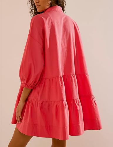 HangNiFang Women's Summer Babydoll Mini Dress Flowy Puff Sleeve Tiered Button Down Oversized Tunic Dress with Pockets4
