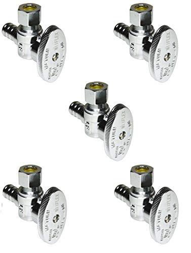 Image of Heavy Duty Chrome Plated Brass 1 /4 Turn Angle Valve 1 /2 inch PEX B In x 3 /8 inch COMP Out (5 Pack)