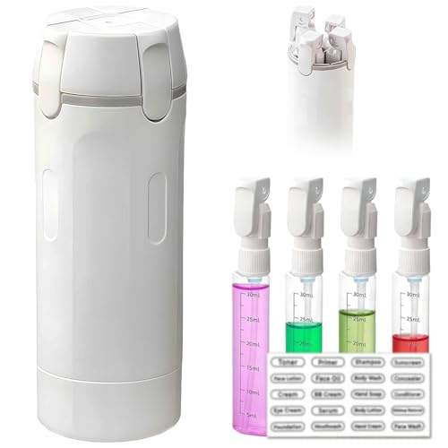 Image of 4-in-1 Travel Pump Dispenser Bottle, 30ml, Pack of 4, Leakproof Pump Containers with Measuring Scale and Label Stickers, Portable Bottles for Toiletries, Shower and Travel, White /Opulent Garden