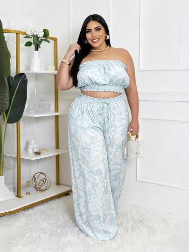 Image of Two Piece Sets for Women Summer Outfits Crop Tops and Wide Leg Pants Sets Sexy Jumpsuits Vacation Outfits with Pockets