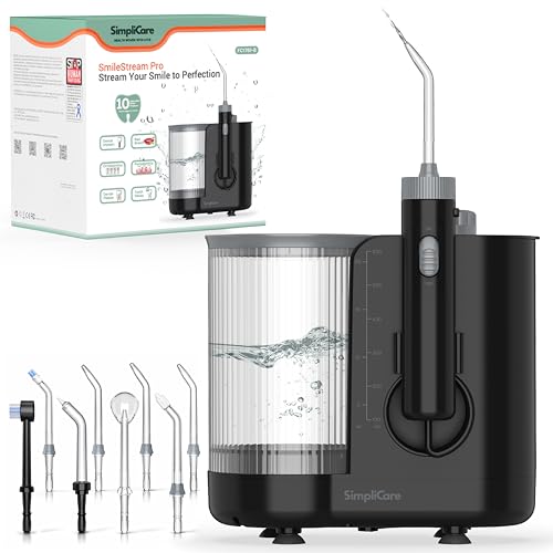 SimpliCare Pro Irrigador bucal para encimera | 10 niveles de presión, 21-160 PSI, tanque grande de 20 onzas, sistema completo de 8 puntas para aparatos ortopédicos, implantes y cuidado de encías, sin