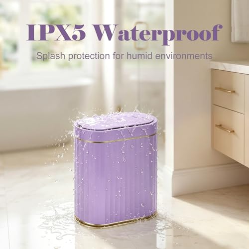 Image of ELPHECO Bathroom Sensor Trash Can - 2 Gallon Automatic Garbage Can, IPX5 Waterproof Bathroom Trash Bin, Slim Garbage Can for Bathroom, Office, Bedroom, Living Room, Purple