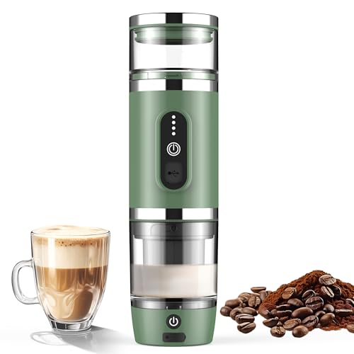 Image of Hobsir Portable Electric Espresso Maker, Milk Frother Travel Coffee Machine for Camping, Car Coffee Maker with Frothing Base, USB-C, 3in1 Capsule, Portable Small Espresso Coffe Machine, Green