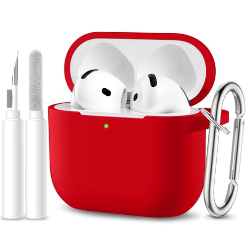 Maledan Cover Compatibile con AirPods 4 2024 Custodia, Case Protettiva Antiurto in Silicone Morbido per Apple AirPods 4 Generazione Custodia con Kit di Pulizia e Moschettone [LED visibile], Rosso