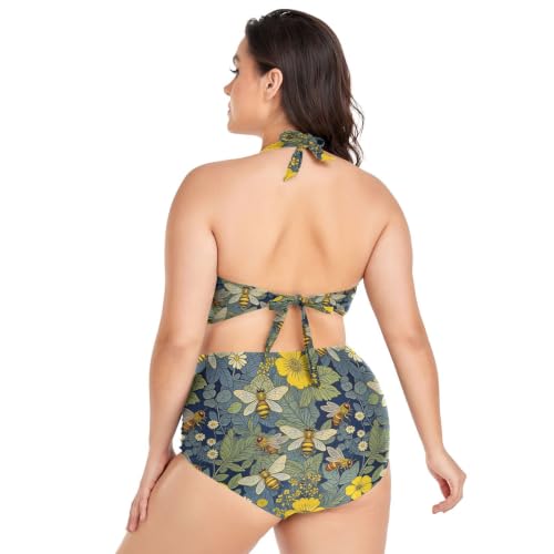 Bikinis Taille Plus Réglable Botanique Abeille Fleurs Jaunes Vert Halter Bikini Tops - 4