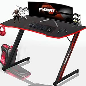 47 in Gaming Desk Z-Shaped Home Computer Desk with Hook Large Gaming Table for Work Study, PC Gaming Workstation with Carbon Fiber Surface, Sturdy Metal Frame, Stable and Durable, Red