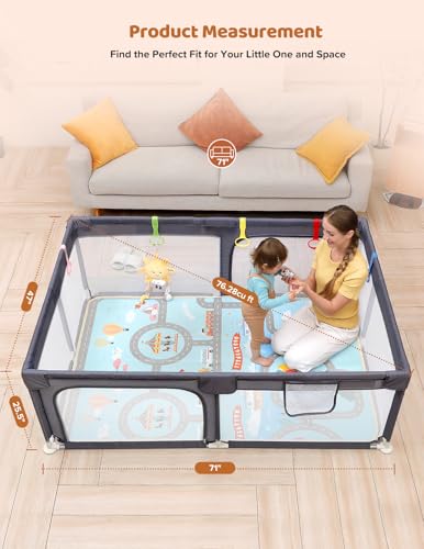 Image of Dripex Baby Playpen with Mat, 71 inchx47 inch Large Play Pen for Babies, Dark Grey | Included Waterproof Mat /Portable Bag / Pull up Rings, Breathable Visible Mesh, Easy Setup, Indoor /Outdoor Use