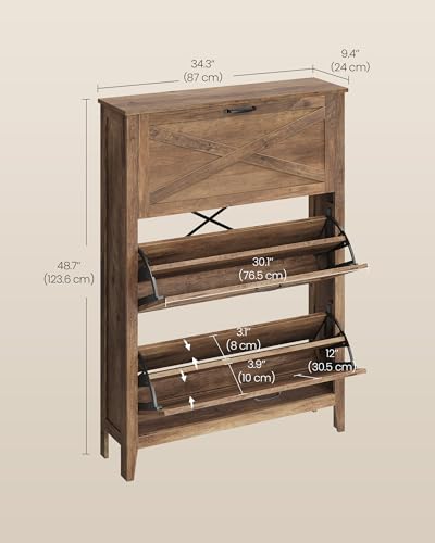 Image of VASAGLE LIRY Collection - Shoe Storage Cabinet Organizer with 3 Flip Drawers, Freestanding Narrow Shoe Rack Cabinet for Entryway, Farmhouse Style, Fits 18 to 24 Pairs, Honey Brown UHSC301KB01S