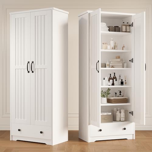 Image of Decofy 70 inch Tall Storage Cabinets, Large Wood Storage Pantry Cabinet with 6 Adjustable Shelves, Drawer & 2 Striped Doors, Standing Utility Cabinet for Kitchen, Dining Room, Bathroom (White)