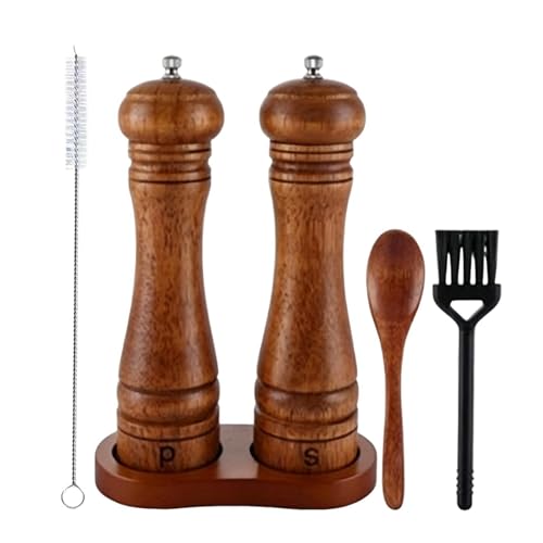 Juego de Molinillos de Sal y Pimienta de Madera - 22 cm con Cuchara y Cepillo de Limpieza Ajustable Recargable | Salero y Pimentero,Para Cocina Interior Hogar Encimera Barbacoa Parrillada Picnic al Ai