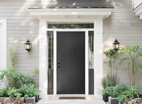 SENPUST 36' x 80' Fiberglass Exterior Door, Knock-Down Entry Door with 4-9/16 Door Frame, Contemporary Sunburst Style for Home's Front Entrance, Insulated & Durable, Right Hand Inswing, Black