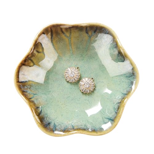 Image of JAMEND CLXP Lotus Leaf Shape Ring Holder Dish, Small Key Bowl, Ceramic Trinket Tray Jewelry Dish Organizing Necklace Earrings for Mom Friend Sister. All Jewelries Are NOT Included. Crystal Green.