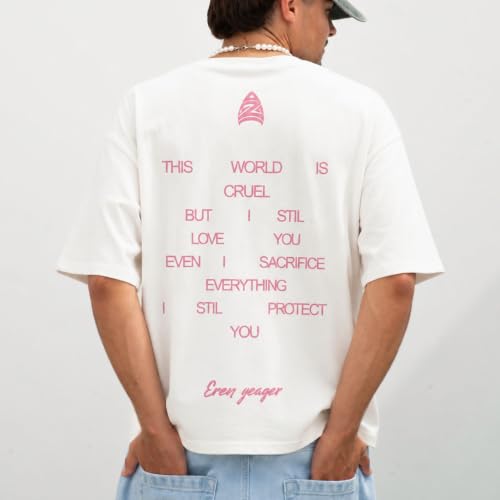 Image of Anime Printed Oversized Cotton Casual Round Neck T-Shirt for Men and Boys | Sharp, Eren yeagear & Mikasa akerman Japanese Streetwear Aesthetics