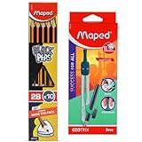 Maped Geotrix - Caja geométrica con juego de lápices, brújula geométrica con lápiz traingular de madera + borrador, caja de brújula de metal reutilizable, kit esencial de papelería escolar