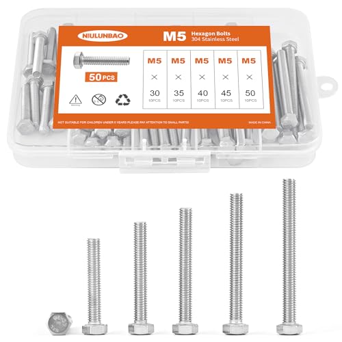 Image of M5 x 30mm 35mm 40mm 45mm 50mm Heavy Duty Hexagon Bolts Hex Head Screws, 304 Stainless Steel, Metric Fully Thread, Machine, Bright Finish, Assortment Kit 50PCS