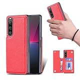 for Xperia 1 V エクスぺリア1 V docomo SO-51D au SOG10 ケース スタンド機能 ケース ICカード収納 カード 背面カード収納 左と右の電話ケースを反転、シンプルなレトロなファッション、防水と防汚電話ホルダー、多機能財布収納付き、PUレザー、TPUソフトインナー（赤）