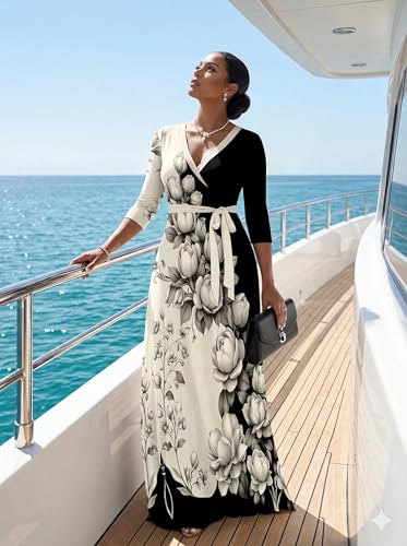 Image of PinkPatty Plus Size Maxi Dresses for Women Casual Flowy Long Dress 3 /4 Sleeve V Neck Wrap Dress with Belt