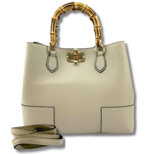 Sac en cuir de veau italien avec poignées en bambou élégant pour femme