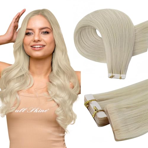 Image of Full Shine Injected Tape in Hair Extensions Human Hair Color Pure Platinum Blonde Virgin Hair Invisible Tape in Extensions 10pcs 20g 14Inch Natural Looking Clavicle Cut