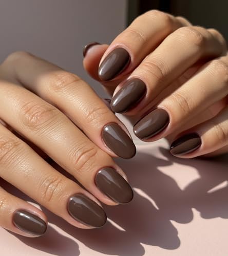Morily Brown Press on Nails - Glossy Short Oval Fake Stick on Nails, Reusable Full Cover Artificial False Fingernails for Women, 24 Pcs in 12 Sizes