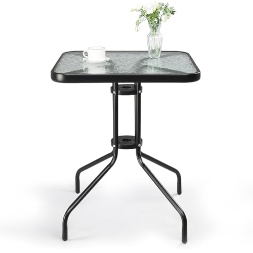 VINGLI Outdoor Bistro Table, 24" Patio Table Steel Frame Tempered Glass Top, Dining Tables for Balcony Garden Poolside (24'' Square)